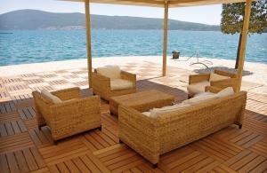 Living room style seating area on a dock